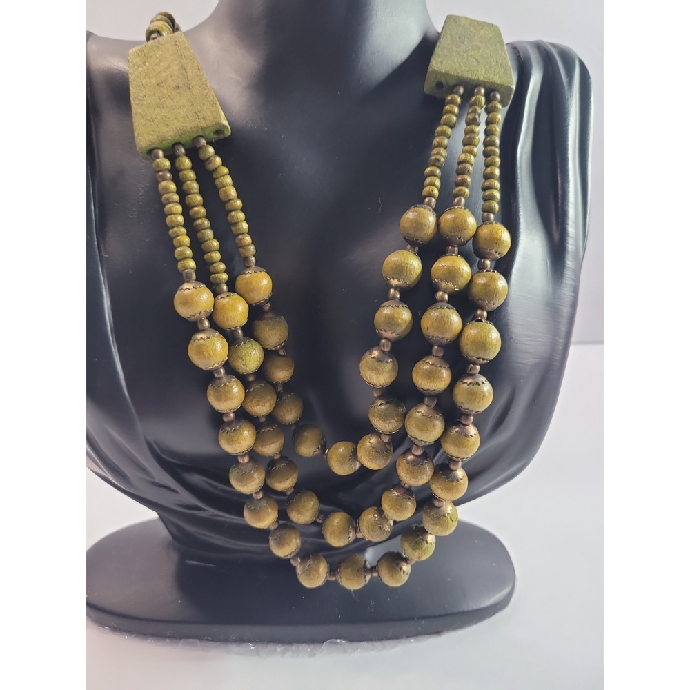 Green Multi Strand Beaded Necklace Olive Statement Boho Tribal Style Jewelry - Picture 2 of 9